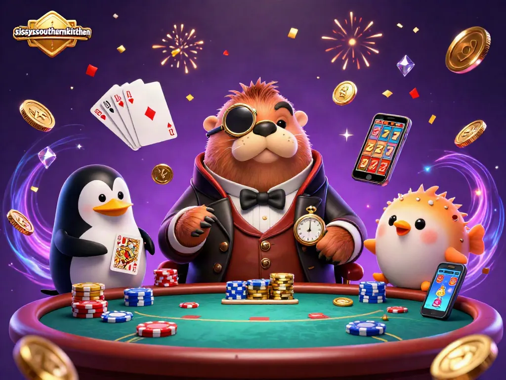 Sissyssouthernkitchen engaging in underwater poker with a walrus, penguin, and pufferfish amidst glittering coins.
