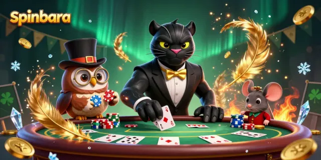 Get ready to play at spinbara while a stylish black panther deals cards with an owl and a lucky mouse.