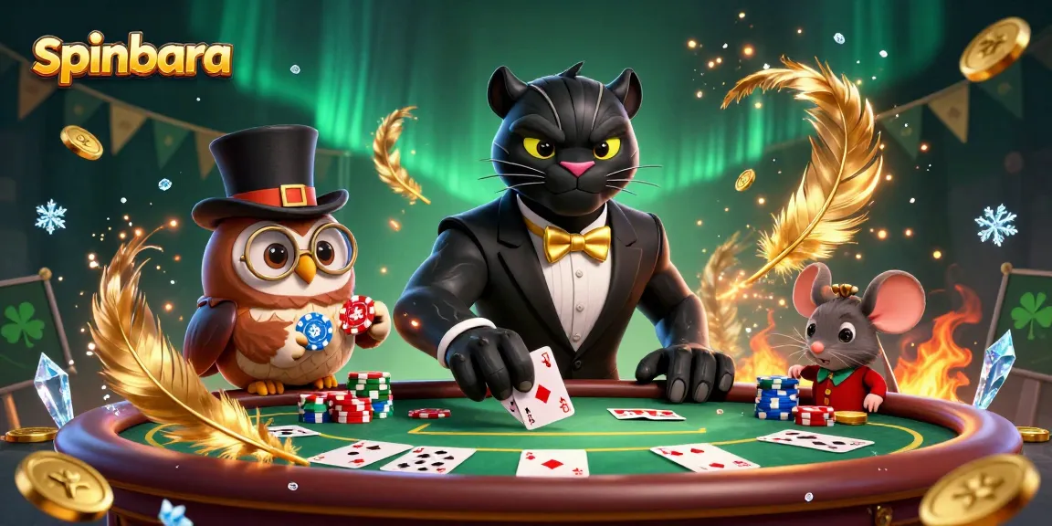 Get ready to play at spinbara while a stylish black panther deals cards with an owl and a lucky mouse.