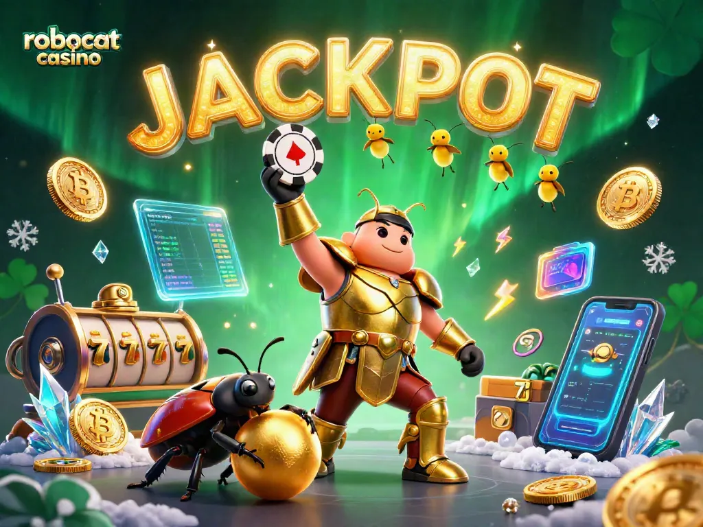 Win big at robocat casino with playful beetles celebrating a jackpot amidst vibrant gaming elements.