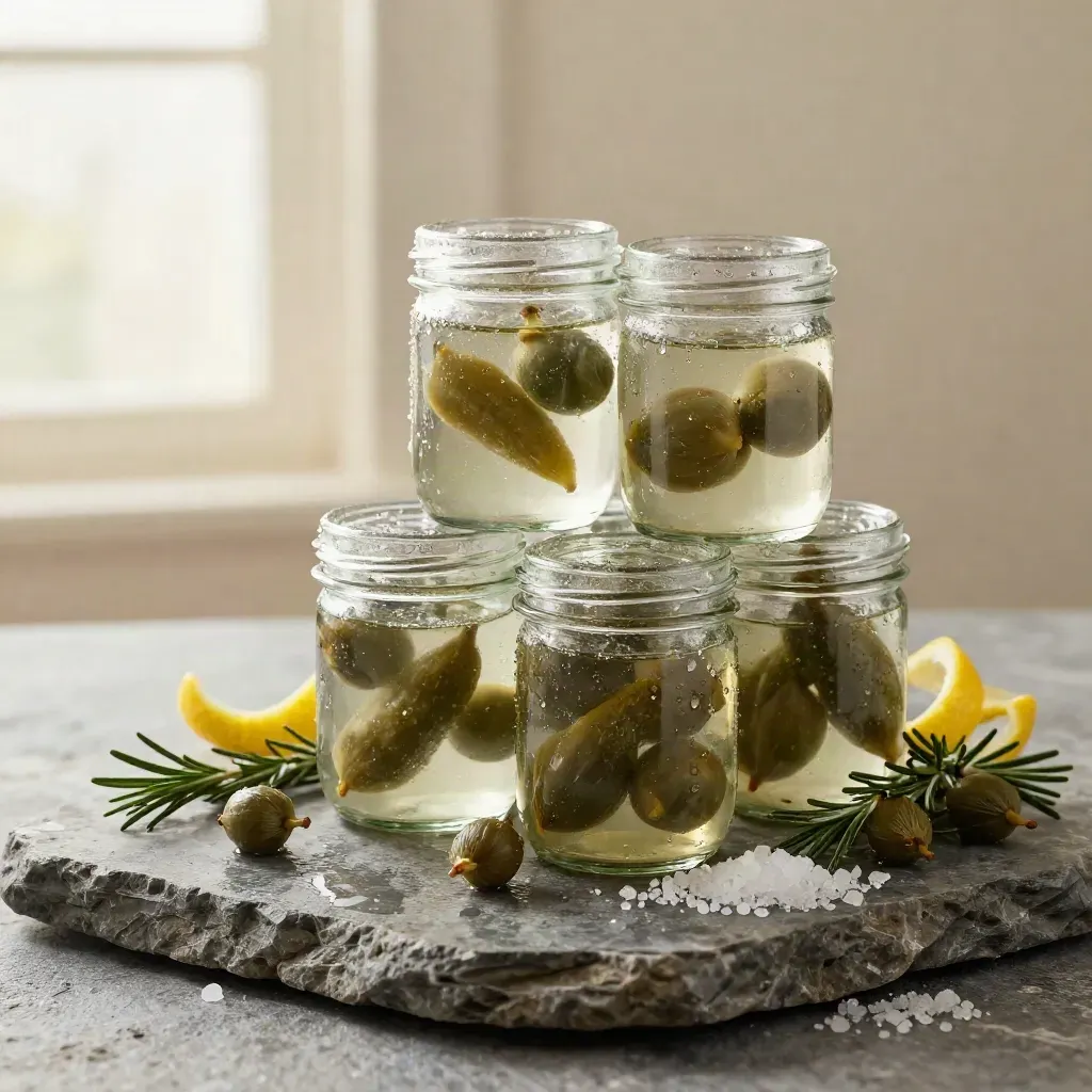 Cuatro tarros gourmet de alcaparras con limón, romero y sal sobre piedra húmeda.