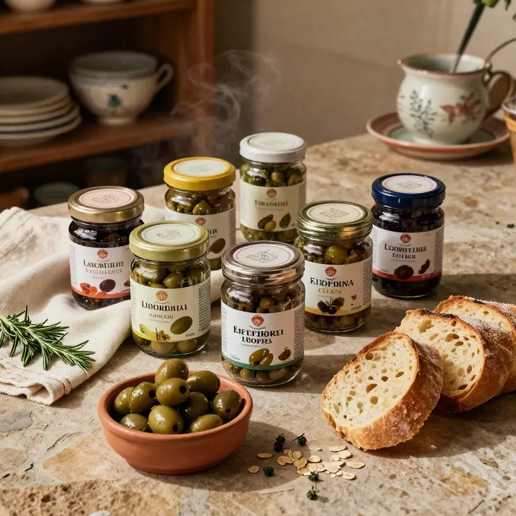 Seis tarros gourmet de alcaparras con pan, aceitunas y hierbas en mesa mediterránea.