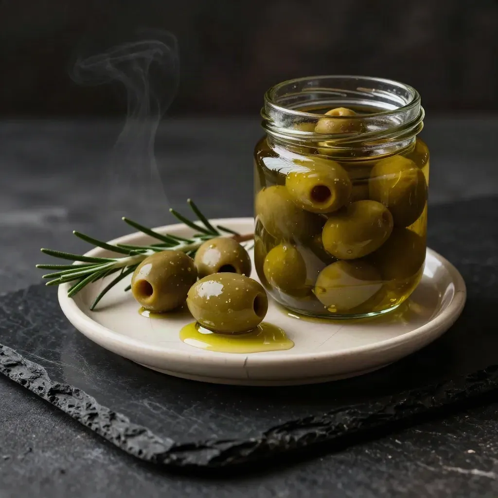 Tarro de aceitunas arbequinas con romero y aceite sobre cerámica rota, en luz dramática