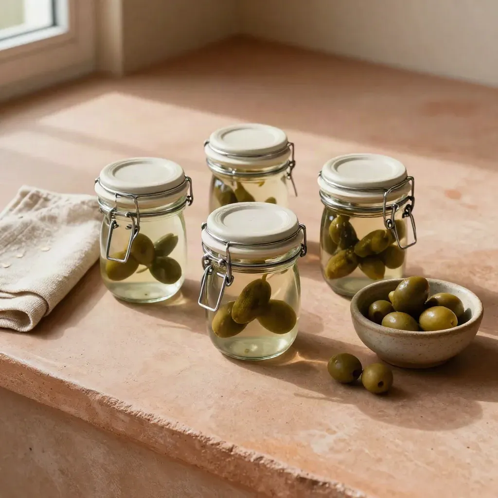 Pack de tres tarros con aceitunas y servilleta, vistos cenitalmente sobre una base cálida.