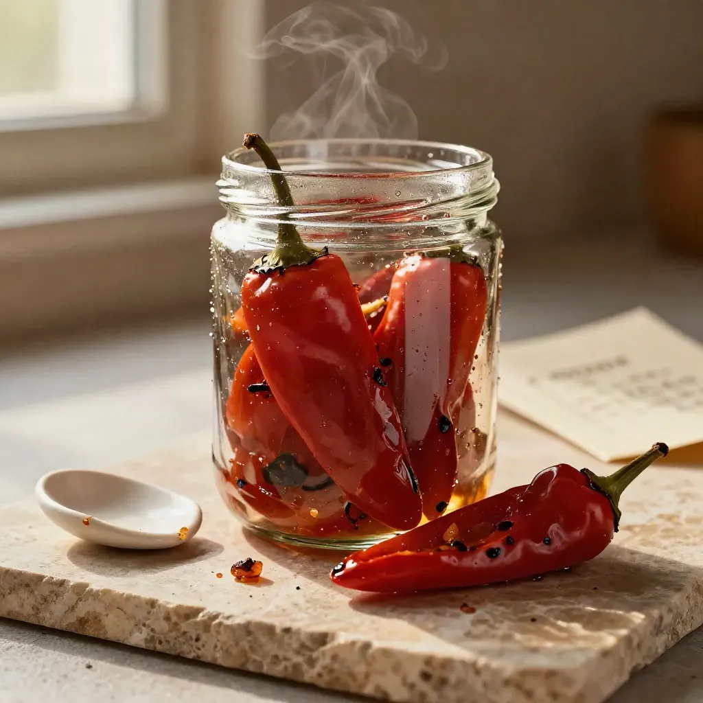 Tarro de pimientos del piquillo con tiras asadas y cerámica clara sobre piedra cálida.
