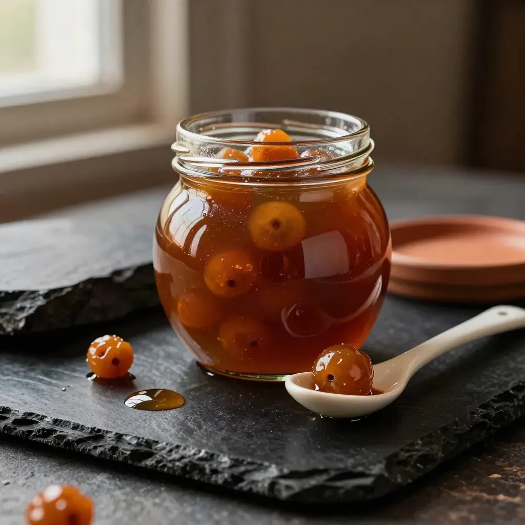 Tarro de alcaparrones dulces con caperberries y cuchara cerámica sobre piedra oscura.