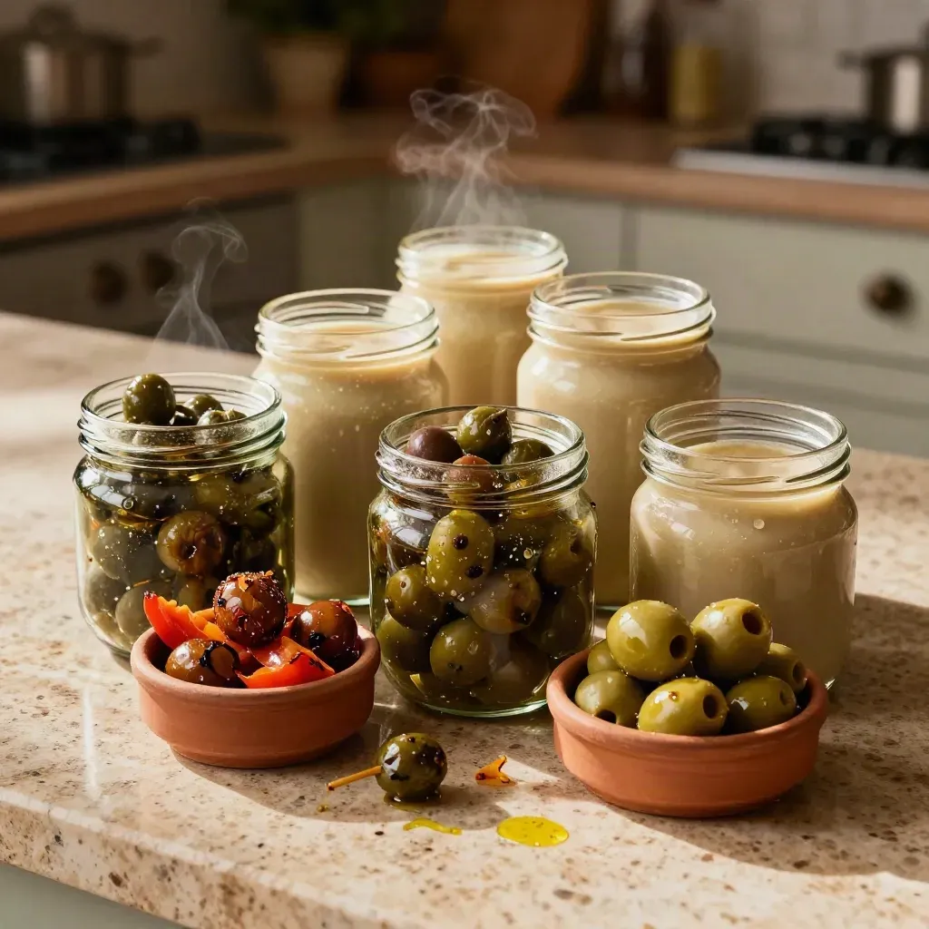 Seis tarros de alcaparras y encurtidos con aceitunas y pimientos en cocina mediterránea.