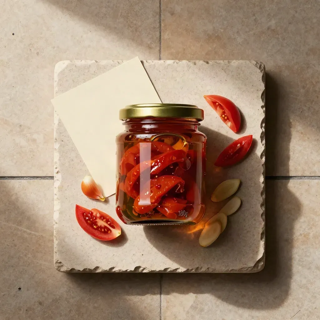Vista cenital de tarro de tomates secos en aceite con ajo y pétalos sobre piedra crema.