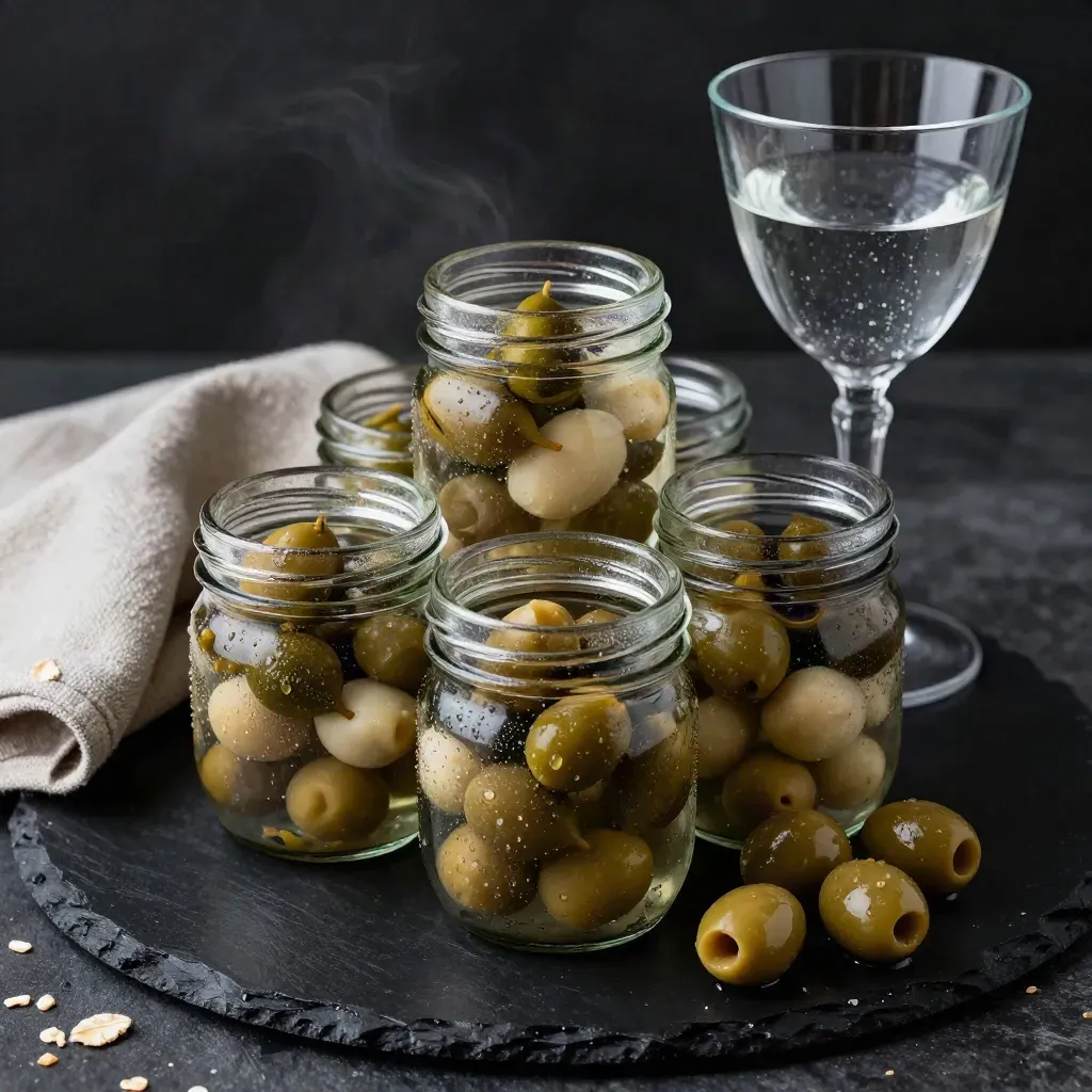 Pack de vermut con cinco tarros, vaso y aceitunas sobre pizarra oscura.