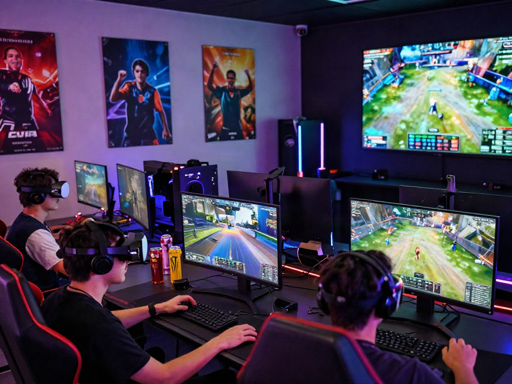Người chơi f168 tham gia cộng đồng game trực tuyến sôi động với ánh sáng LED và thiết bị công nghệ cao.