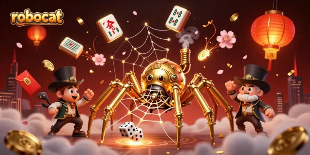 Robocat caught in a steampunk spider's web while exploring vibrant 3D casino elements.
