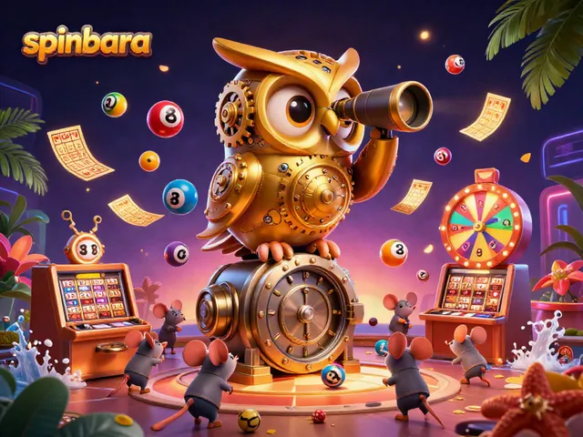 Experience the thrill of spinbara with a vibrant casino scene featuring a majestic golden owl and lively elements.
