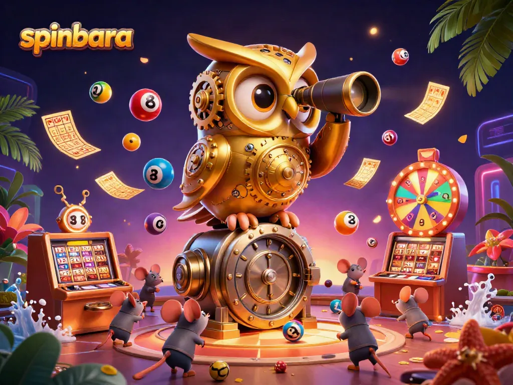 Experience the thrill of spinbara with a vibrant casino scene featuring a majestic golden owl and lively elements.