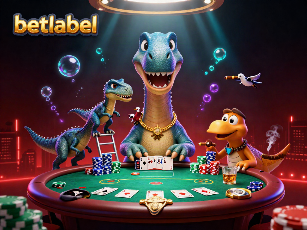 Experience the thrilling scene at Betlabel with a brontosaurus watching a poker game, showcasing vibrant casino elements.